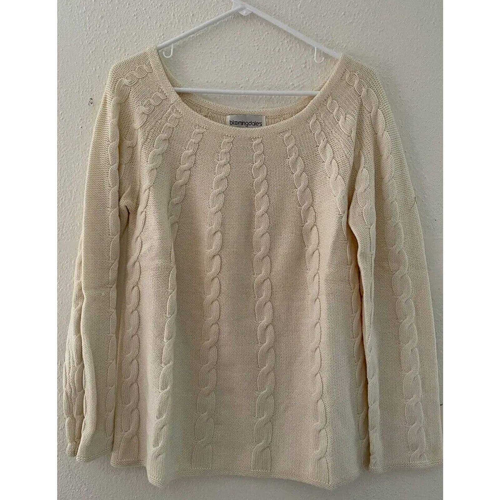 Vintage Cream Bloomingdale’s Boat Neck Cableknit Sweater Tunic Wool Soft Small